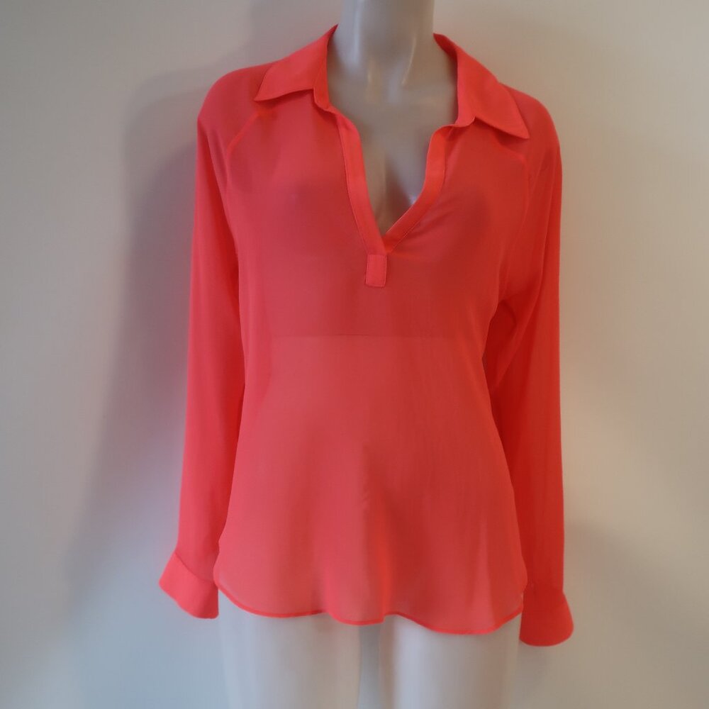 Womens Rory Beca Hot Neon Pink Semi-Sheer Poly Georgette Blouse Top S